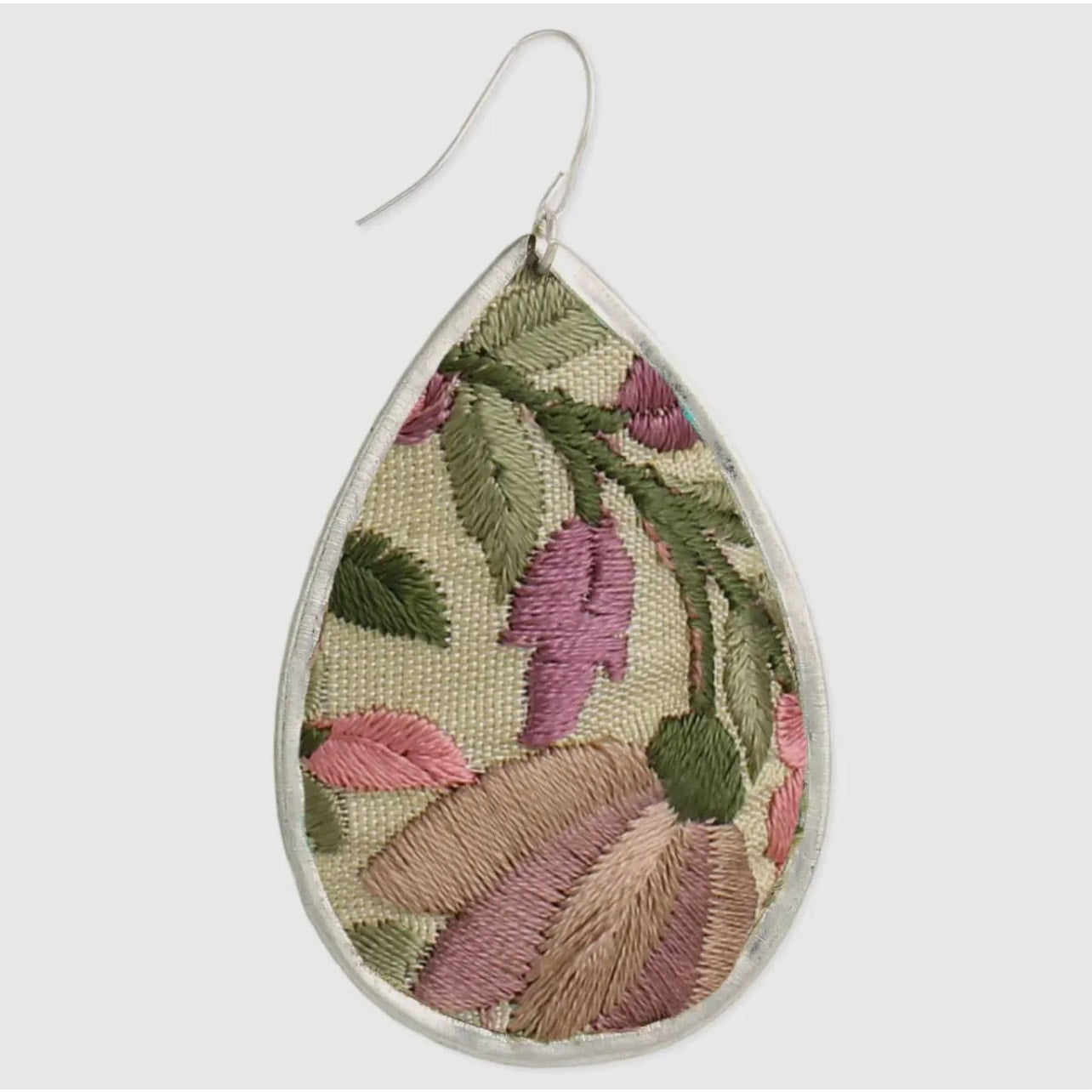 Light Pink Flower Embroidery Silver Teardrop Earrings