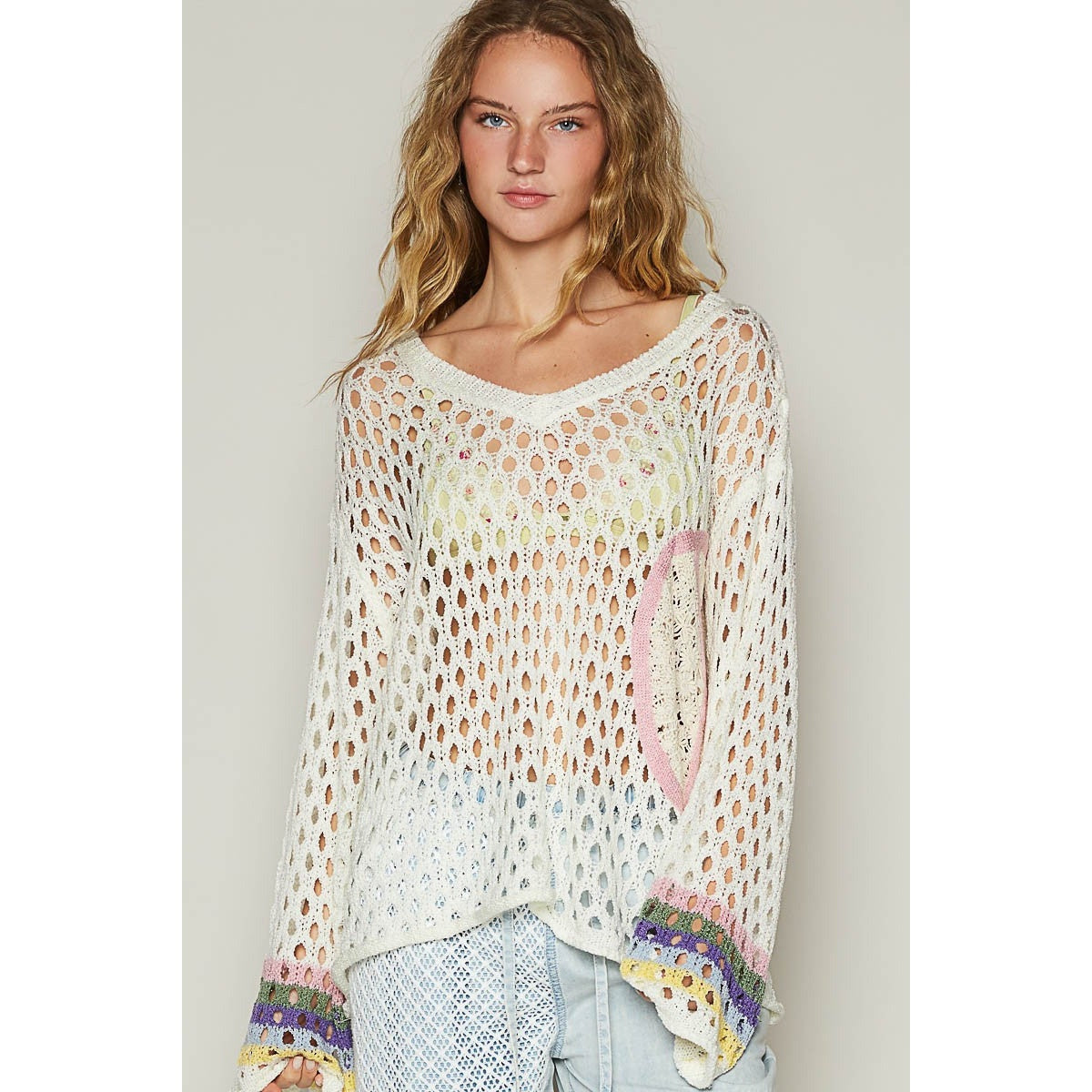 POL Ivory V-Neck Long Sleeve Crochet Peace Thin Sweater Top