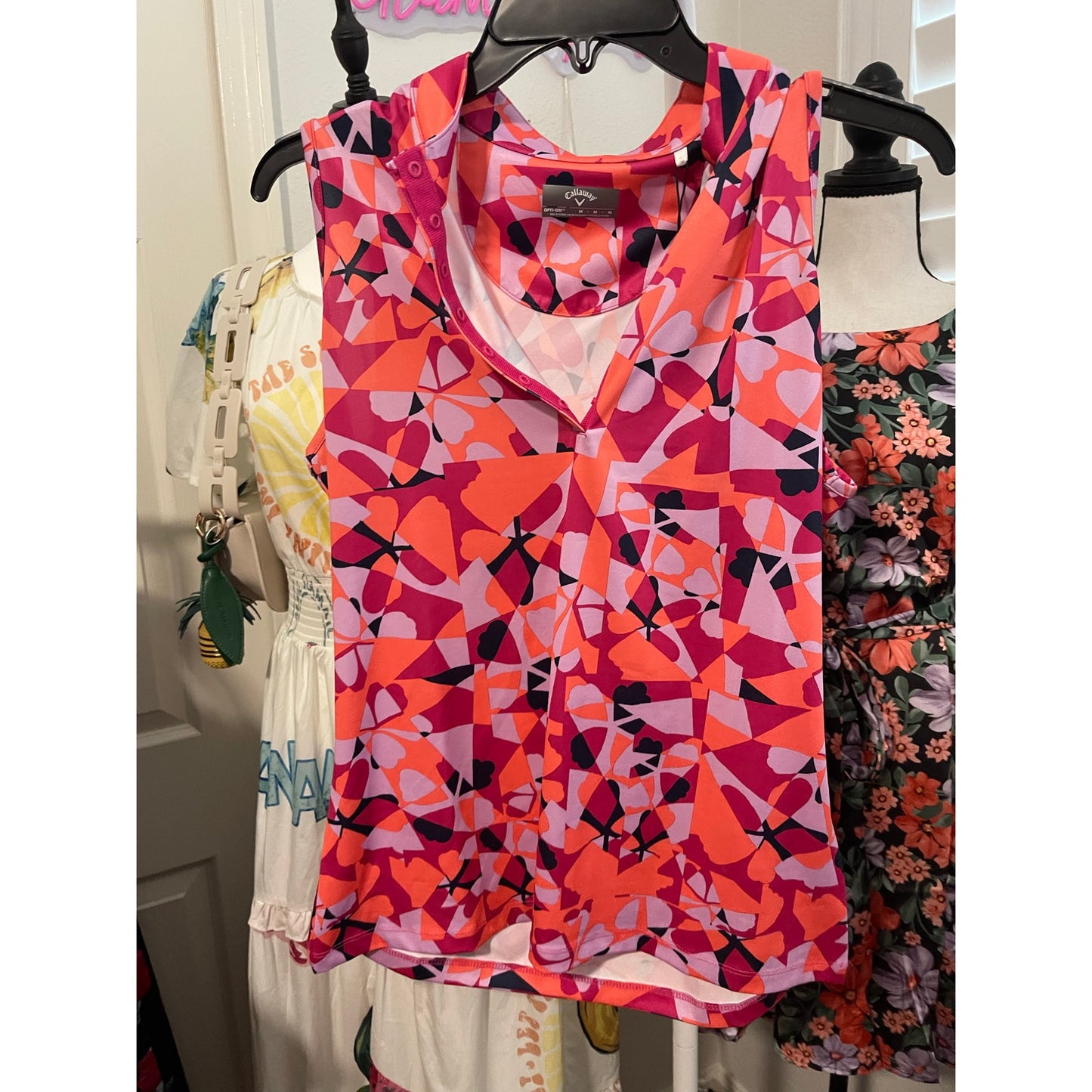 Callaway Womens Geometric Floral Print Golf Shirt with Snap Placket