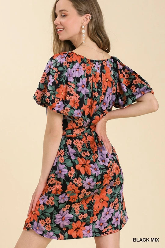 Umgee Floral Print Dress with Balloon Sleeves