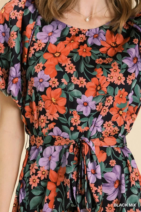 Umgee Floral Print Dress with Balloon Sleeves