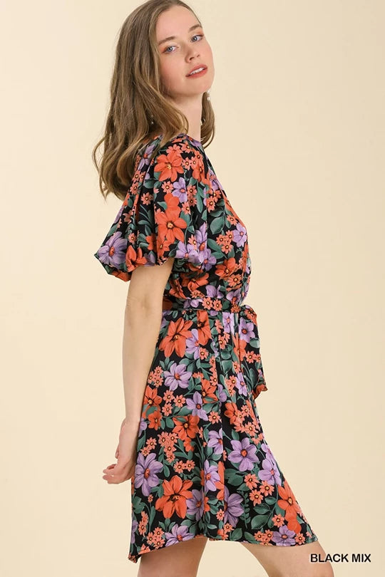 Umgee Floral Print Dress with Balloon Sleeves