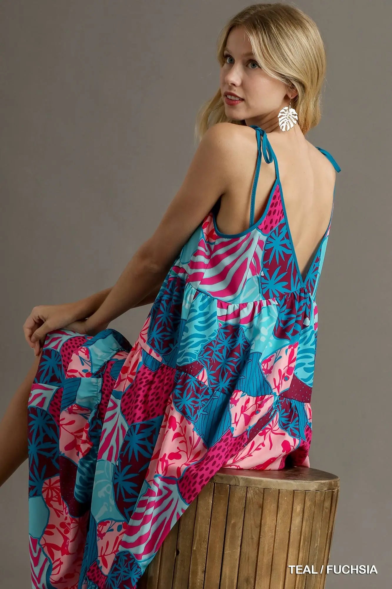 Umgee Teal & Fuschia Mixed Print Spaghetti Tie Strap Dress