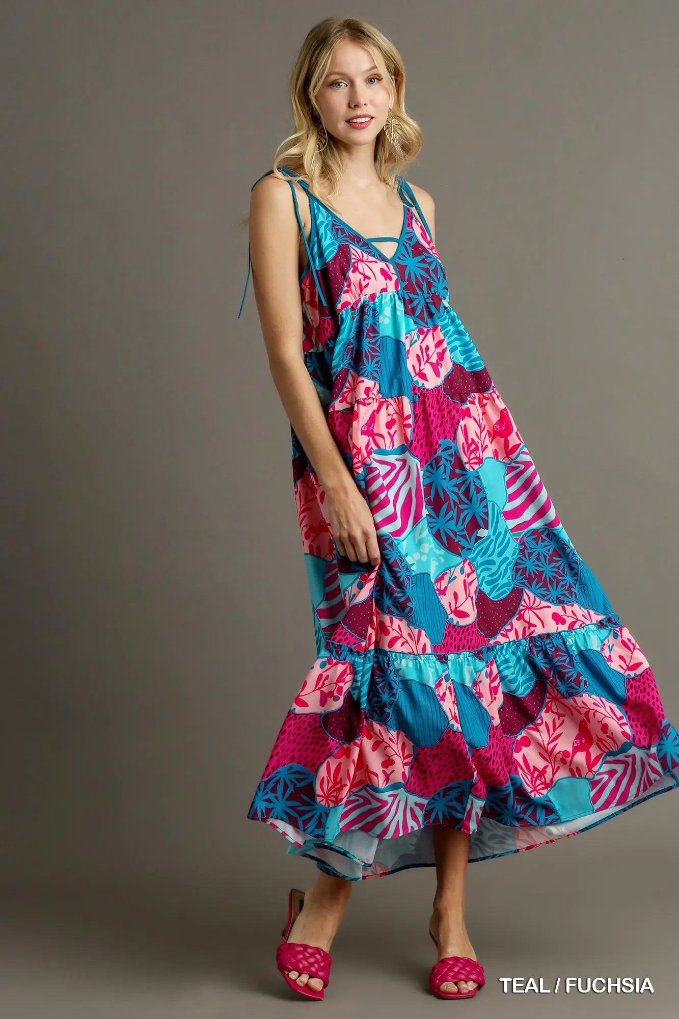 Umgee Teal & Fuschia Mixed Print Spaghetti Tie Strap Dress