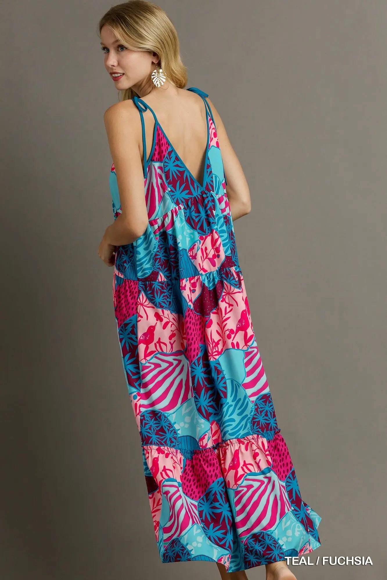 Umgee Teal & Fuschia Mixed Print Spaghetti Tie Strap Dress