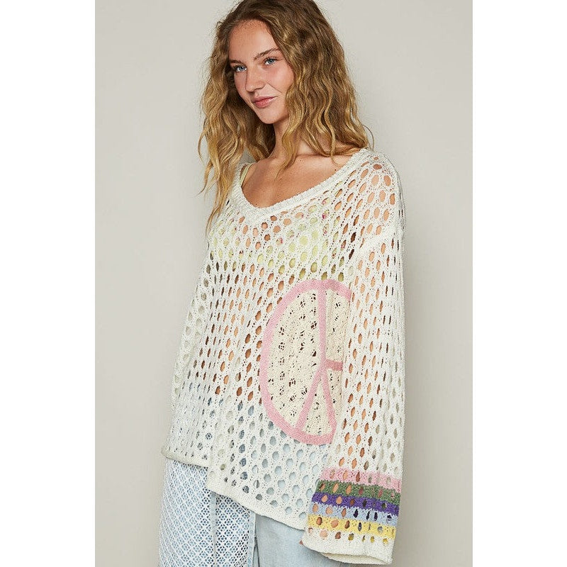 POL Ivory V-Neck Long Sleeve Crochet Peace Thin Sweater Top