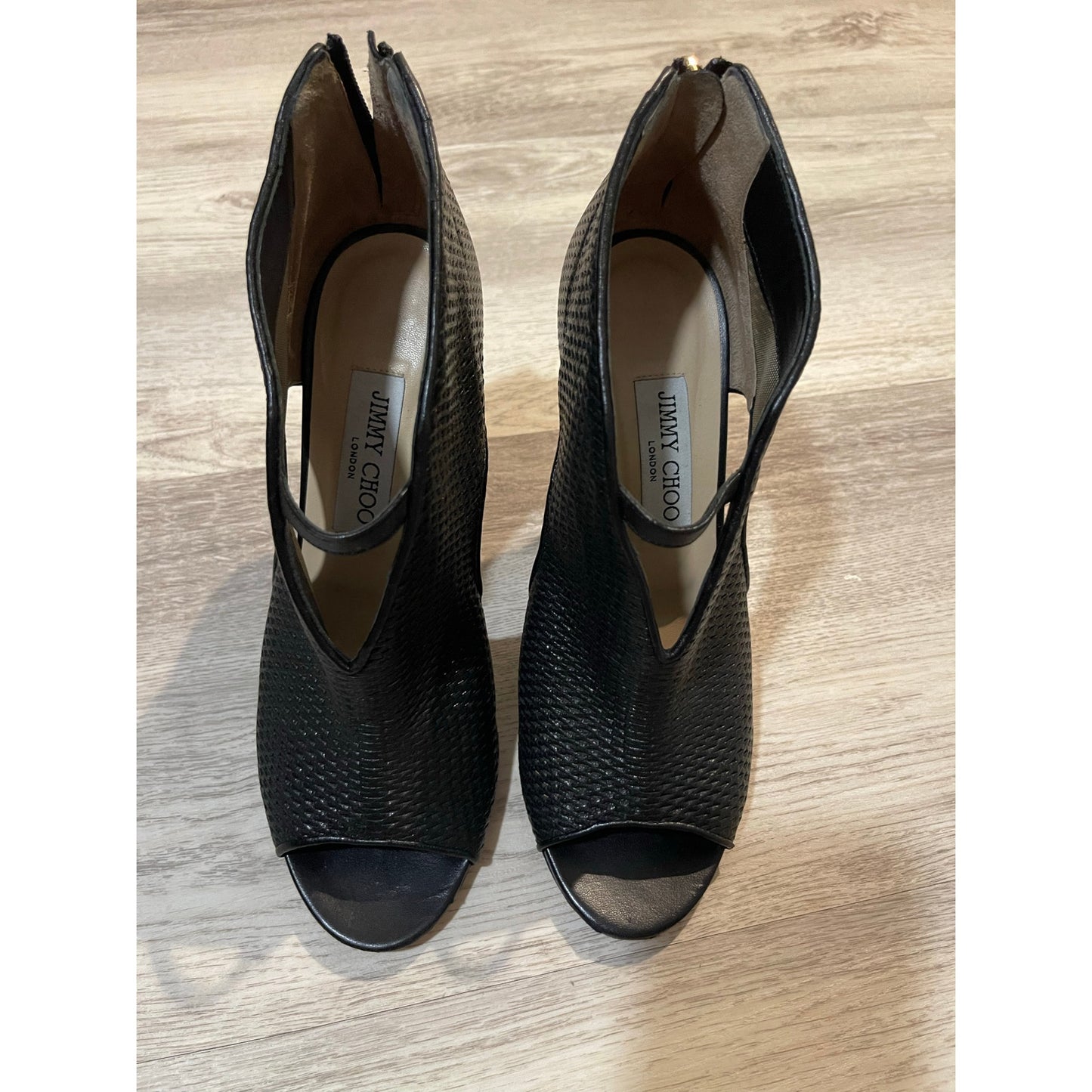 Jimmy Choo Black Woven Leather Perp-Toe Heels