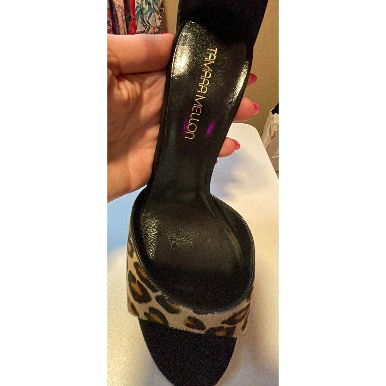 Tamara Mellon Leopard and Black Peep Toe Strap Heels
