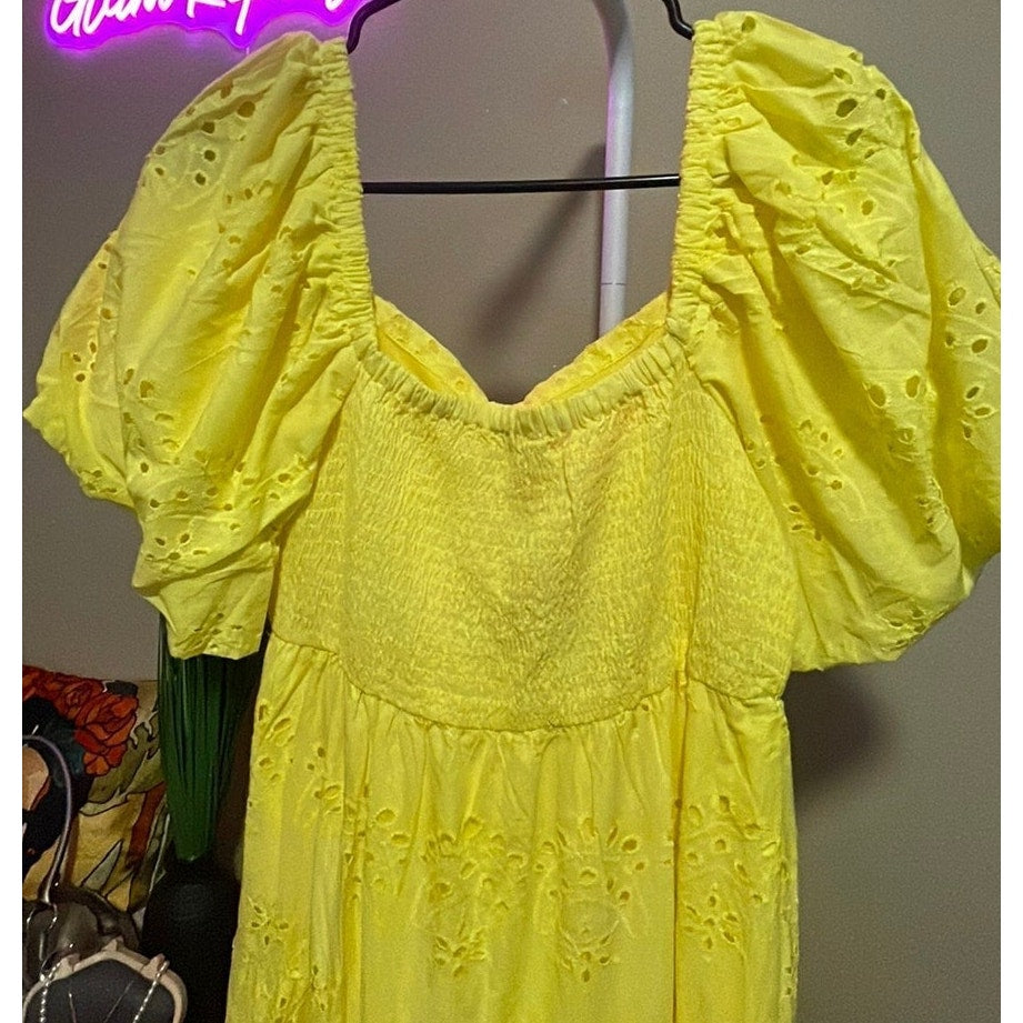 Bright Yellow Cotton Eyelet Dress