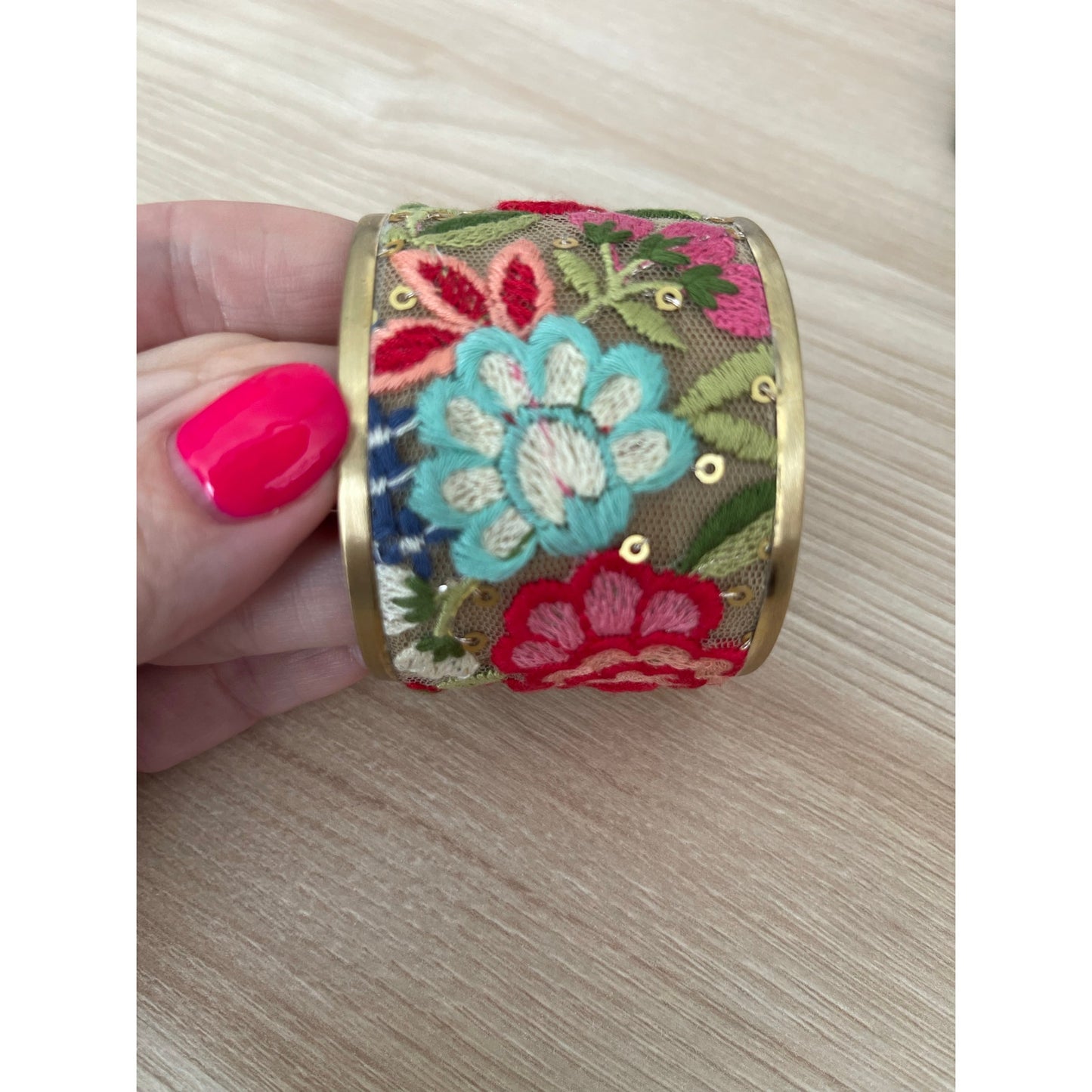 Red Mesh Flower Embroidery Cuff Bracelet