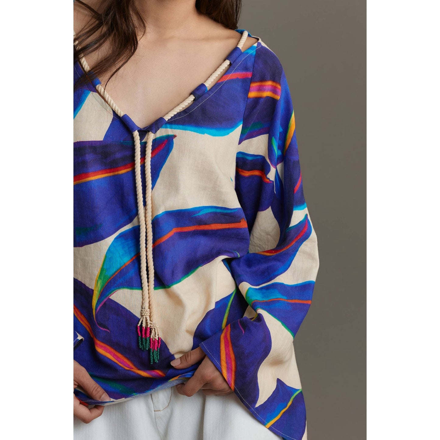 Farm Rio Long-Sleeve Rope-Tie Linen Blouse
