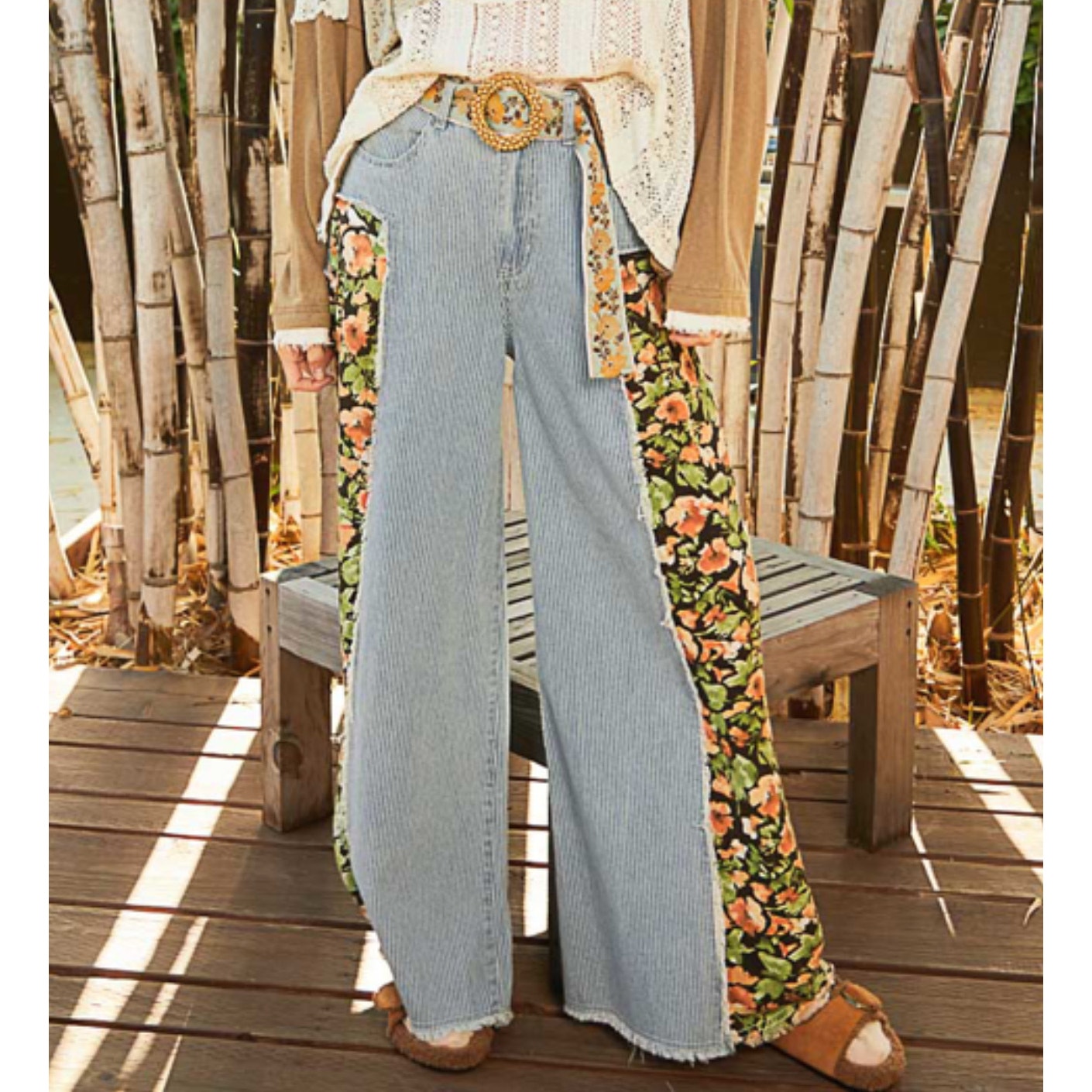 POL Striped Denim/Floral Wide Pants