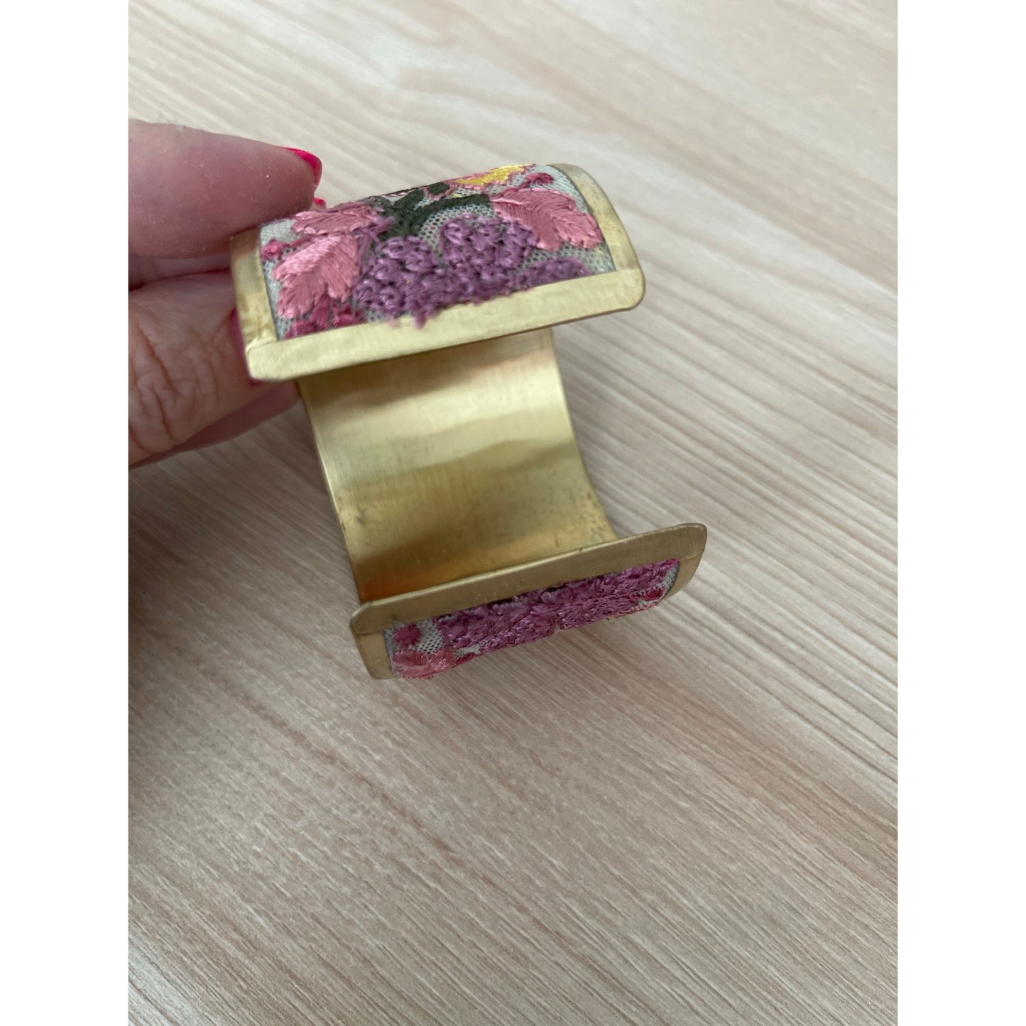 Pink and Yellow Mesh Flower Embroidery Cuff Bracelet