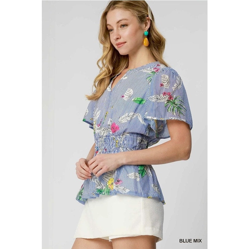 Umgee Blue Mix Floral Striped Peplum Blouse