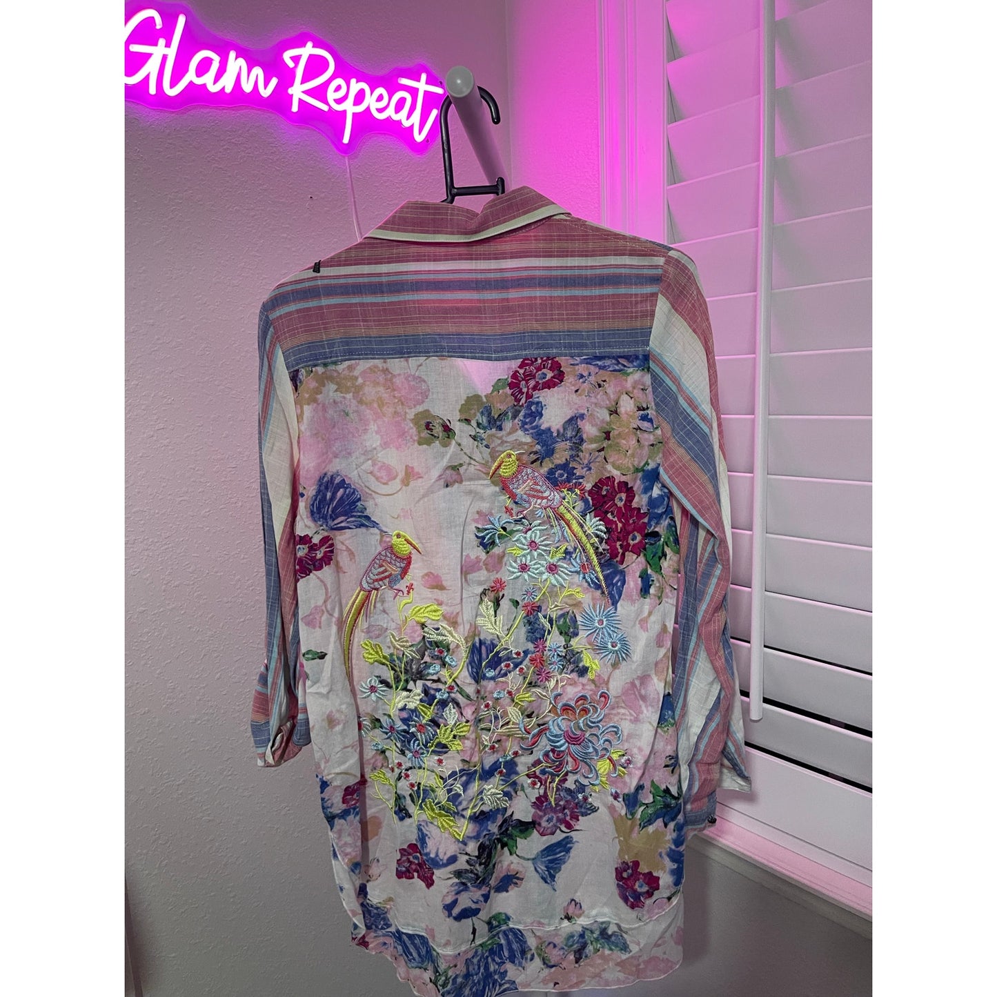 Aratta Floral Embroidered Striped Shirt