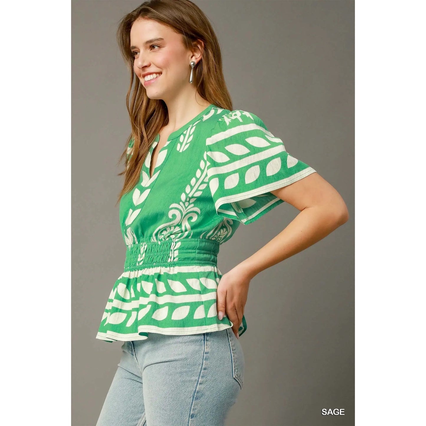 Umgee Boho Peplum Smocked Waist Blouse