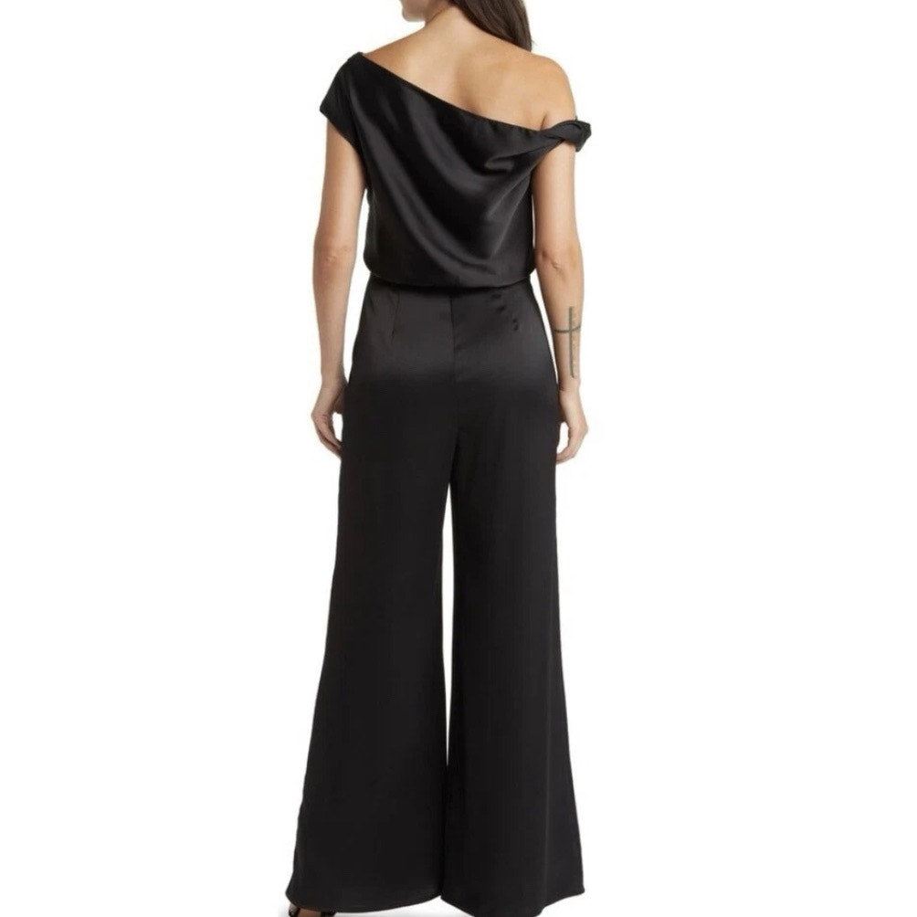 WAYF Black Satin Jumpsuit One Shoulder