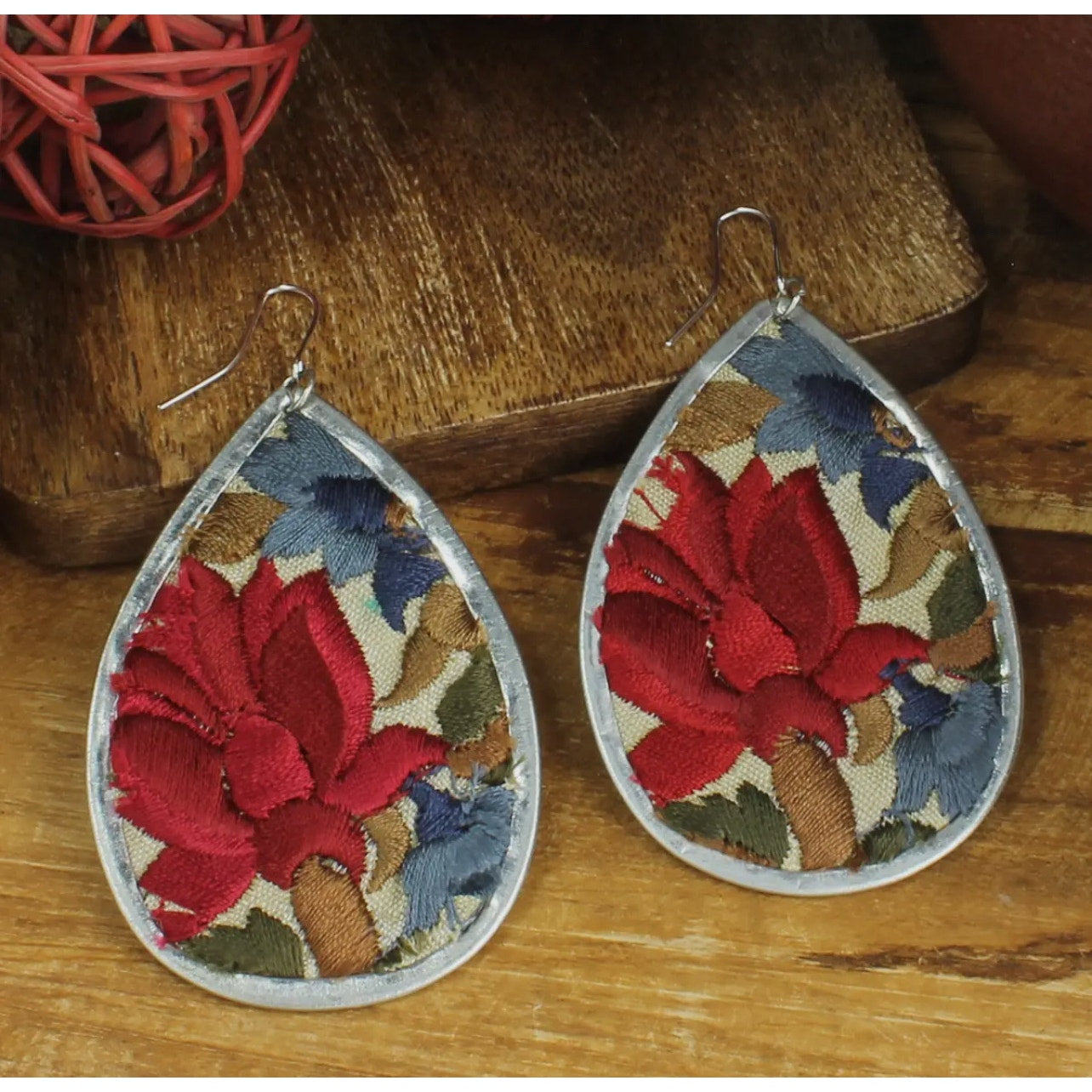 Red Flower Embroidery Silver Teardrop Earrings