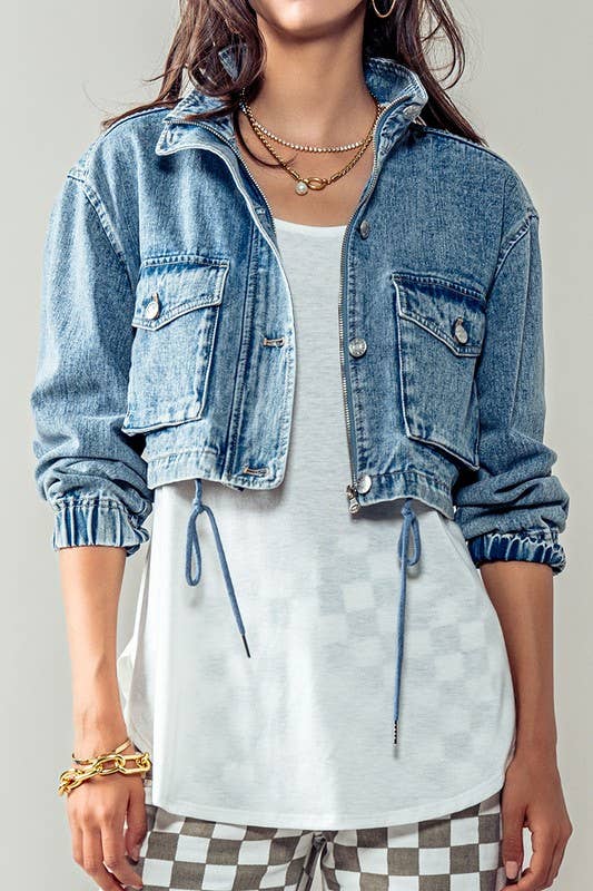 Urban Daizy Utility Cropped Drawstring Hem Stand Collar Denim Jacket