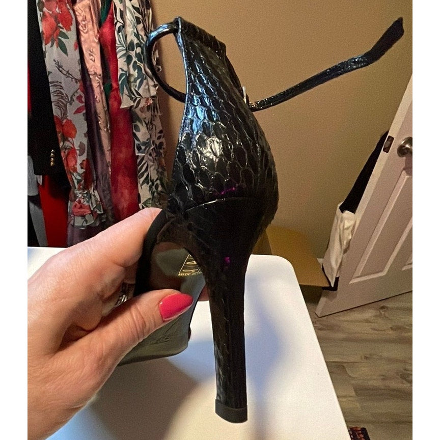 Tamara Mellon Leopard and Black Peep Toe Strap Heels