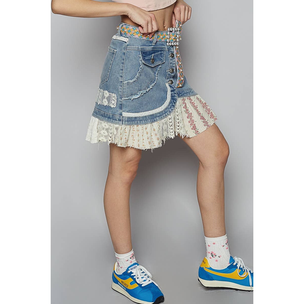 POL Denim Printed Patchwork Button Down Flare Mini Skirt