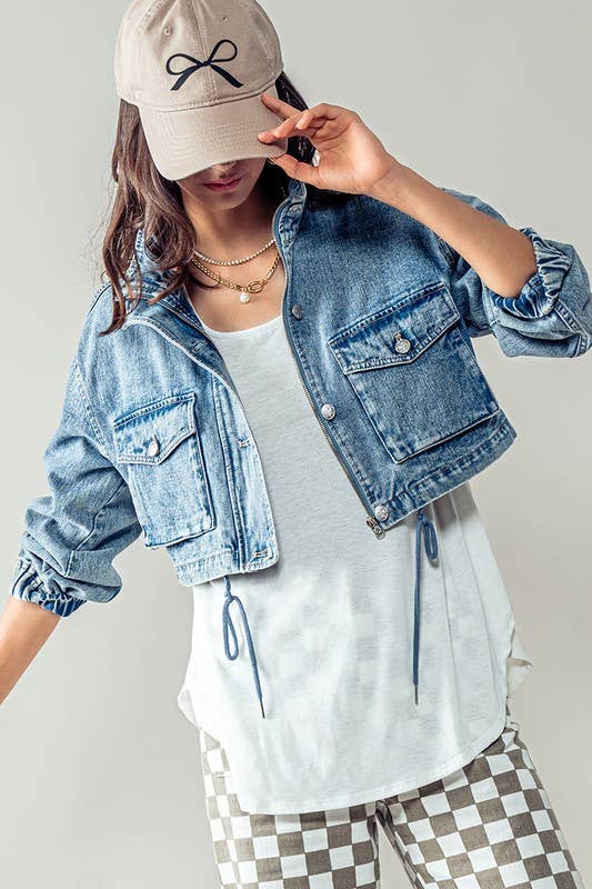 Urban Daizy Utility Cropped Drawstring Hem Stand Collar Denim Jacket