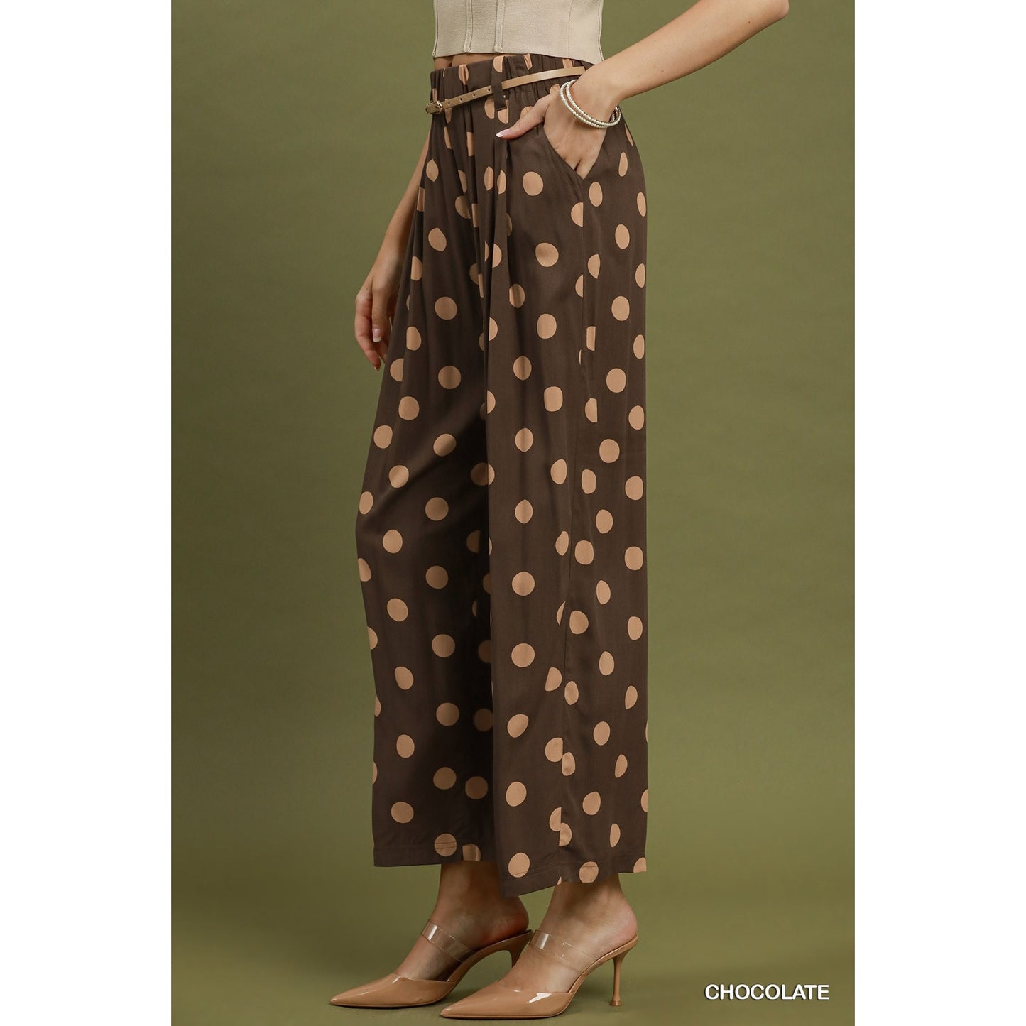 Umgee Chocolate Polka Dot Wide Leg Pull-On Pants