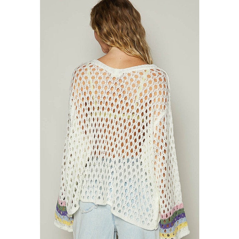 POL Ivory V-Neck Long Sleeve Crochet Peace Thin Sweater Top