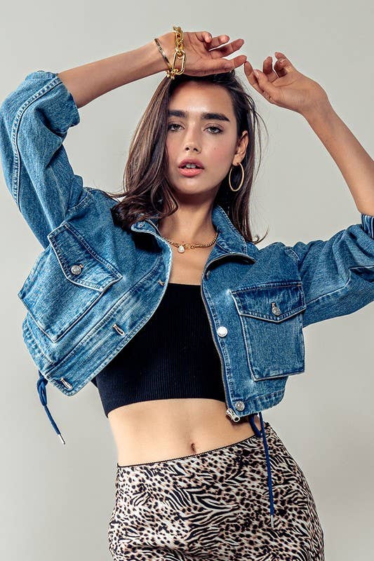 Urban Daizy Utility Cropped Drawstring Hem Stand Collar Denim Jacket