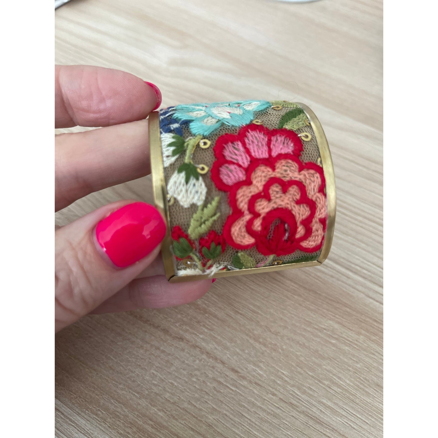 Red Mesh Flower Embroidery Cuff Bracelet