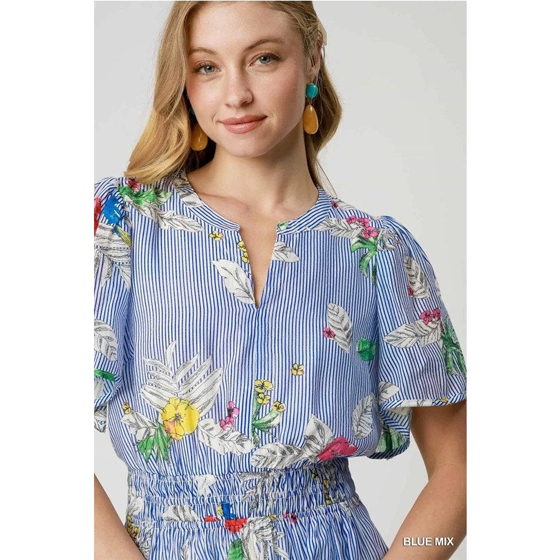Umgee Blue Mix Floral Striped Peplum Blouse