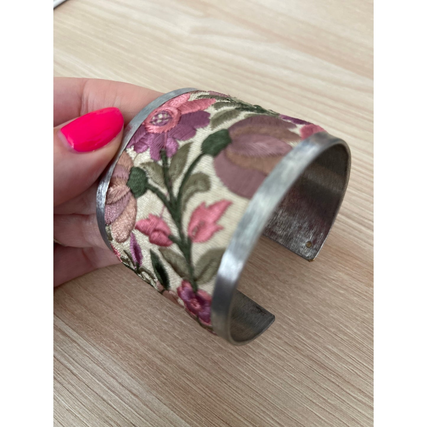 Light Pink Flower Embroidery Cuff Bracelet