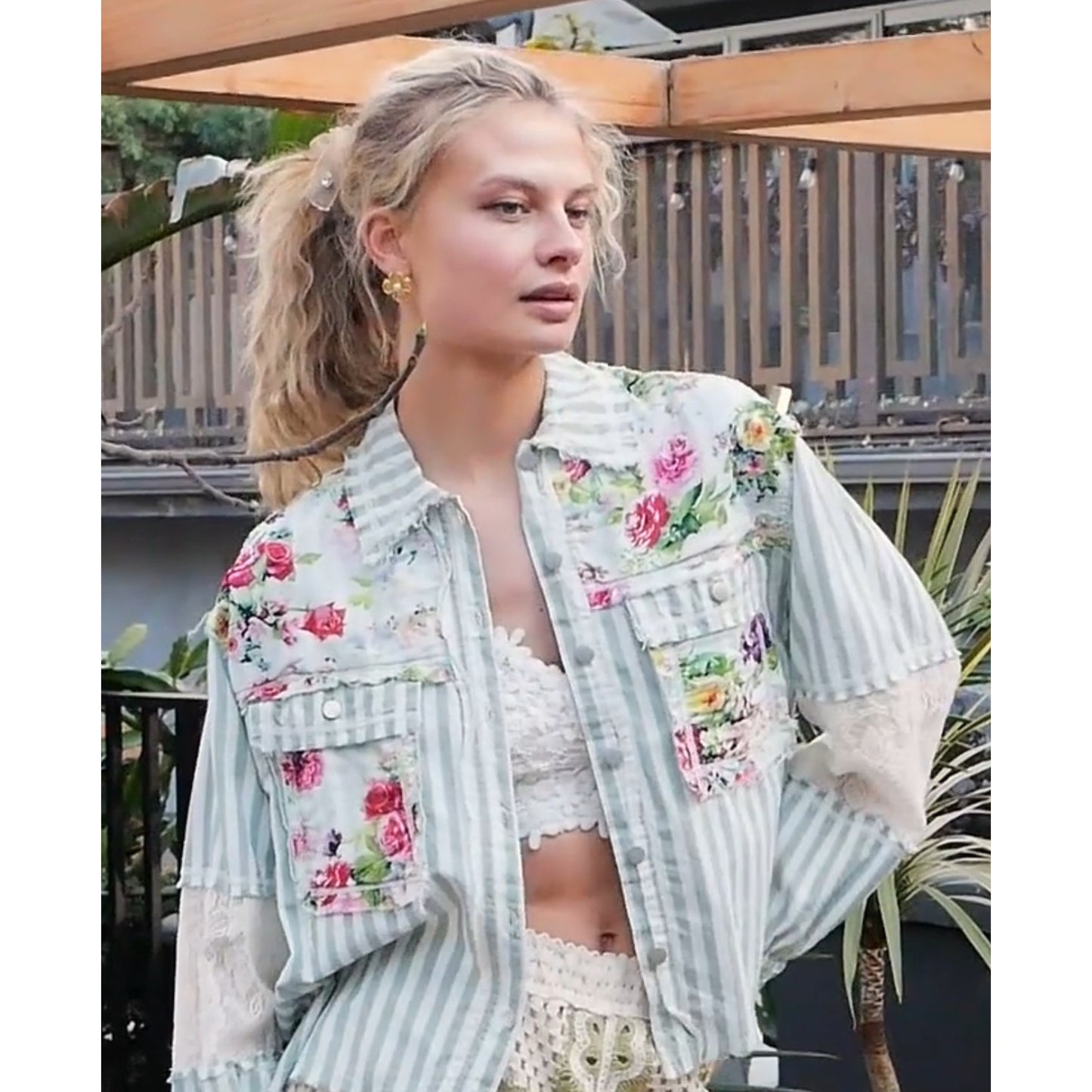 POL Striped Sage Floral Shacket