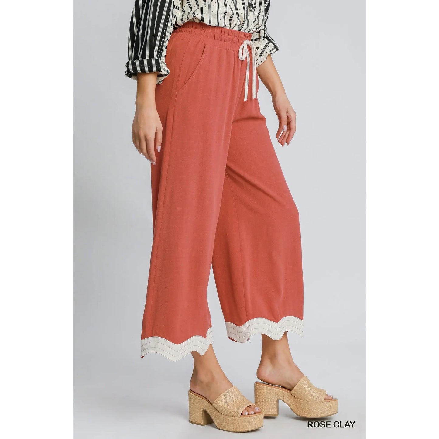 Umgee Rose Clay Linen Scalloped Hem Pants