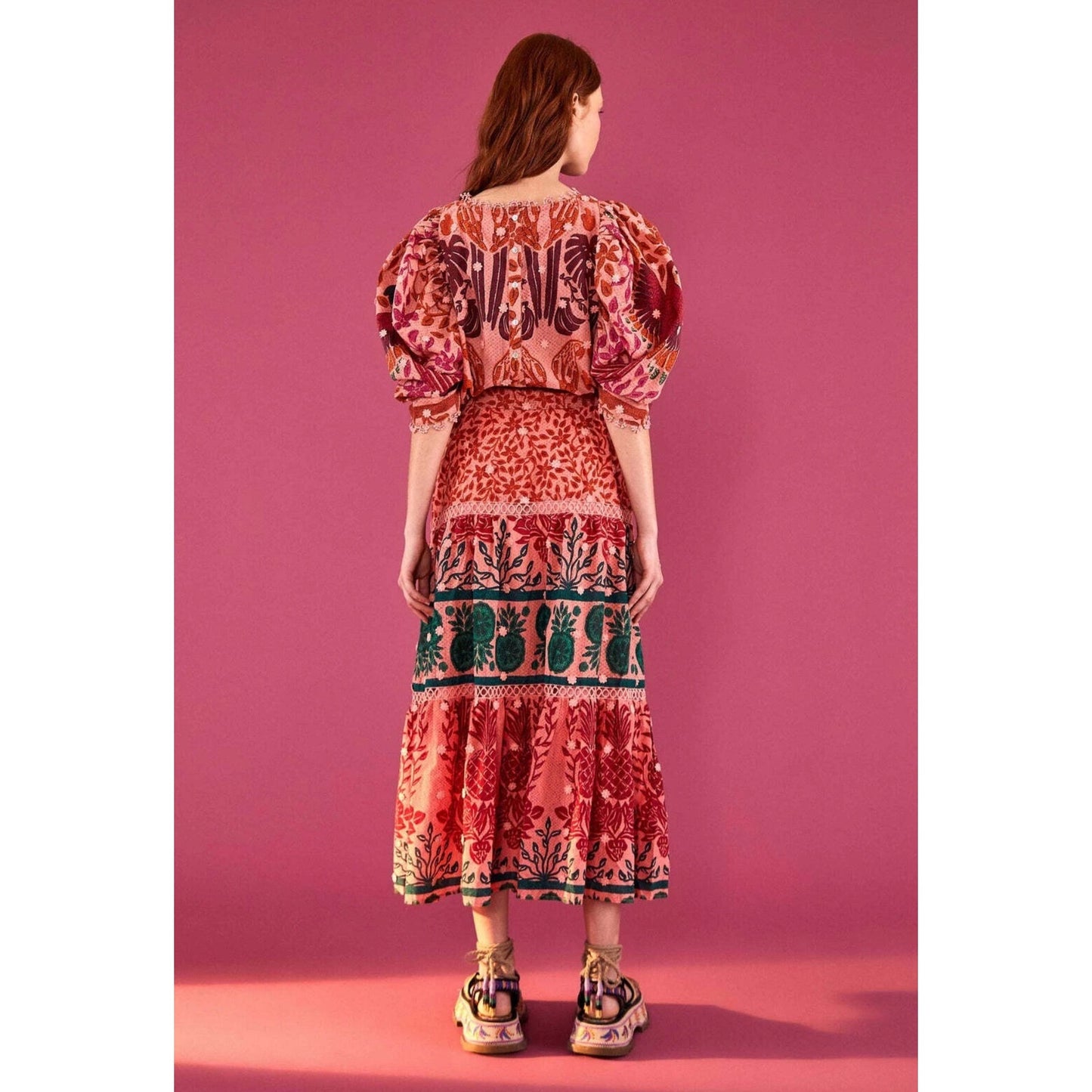 FARM RIO Ainika Print Macaws Cotton Maxi Skirt XS Pink Belted