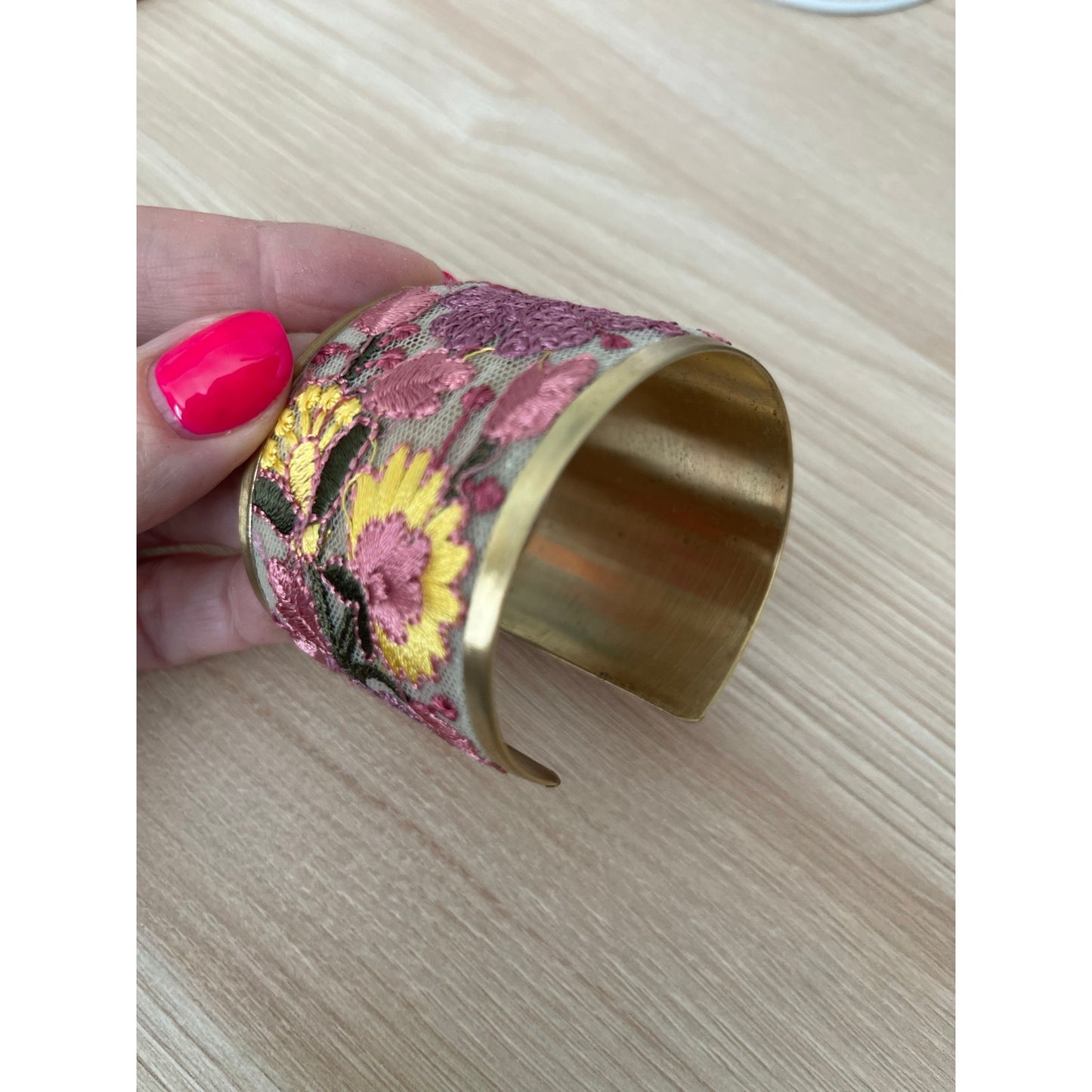 Pink and Yellow Mesh Flower Embroidery Cuff Bracelet
