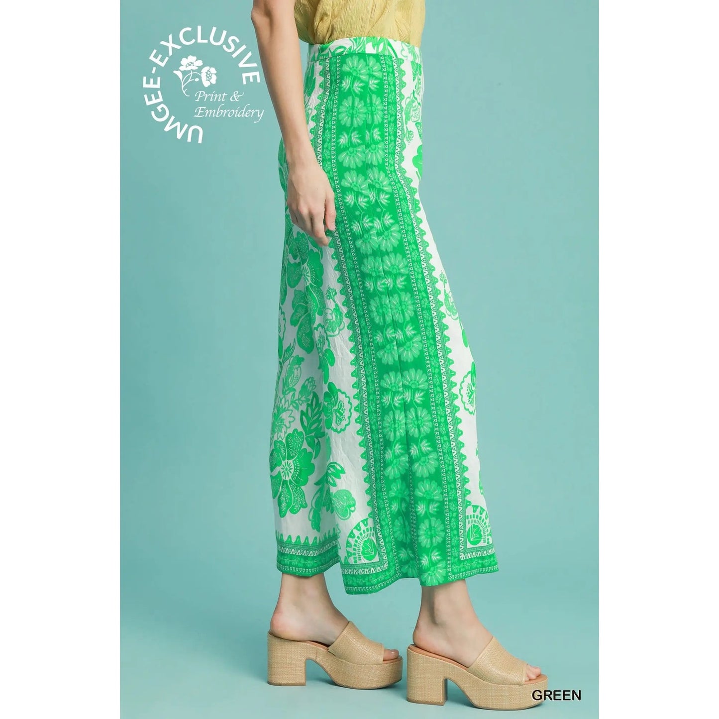 Umgee Green Floral Wide Leg Pants