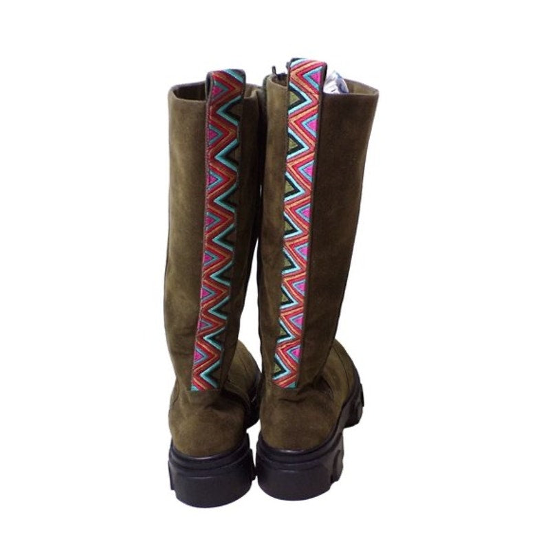 FARM RIO Embroidered Suede Tall Knee High Lug Sole Boot Green Suede