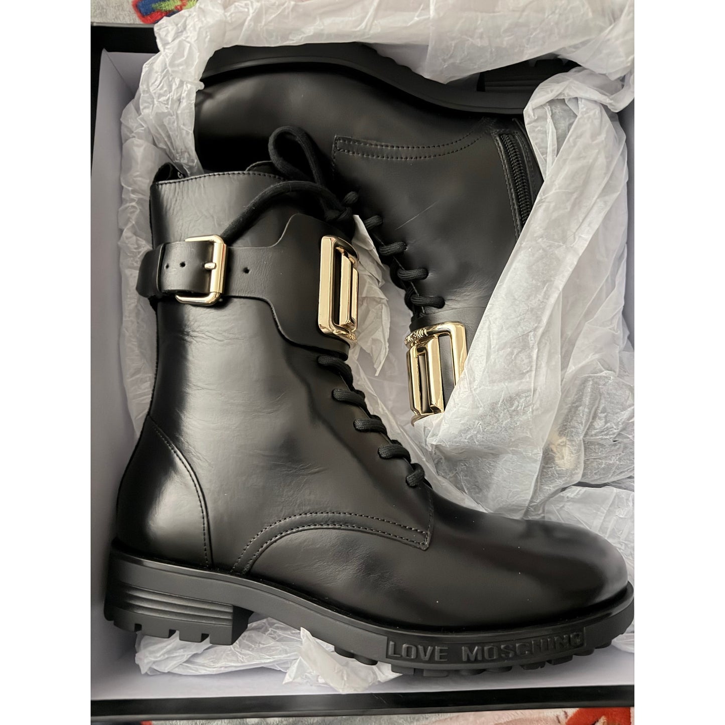 Moschino Women’s Love Leather Combat Boots with Side Zip and Golden Detail