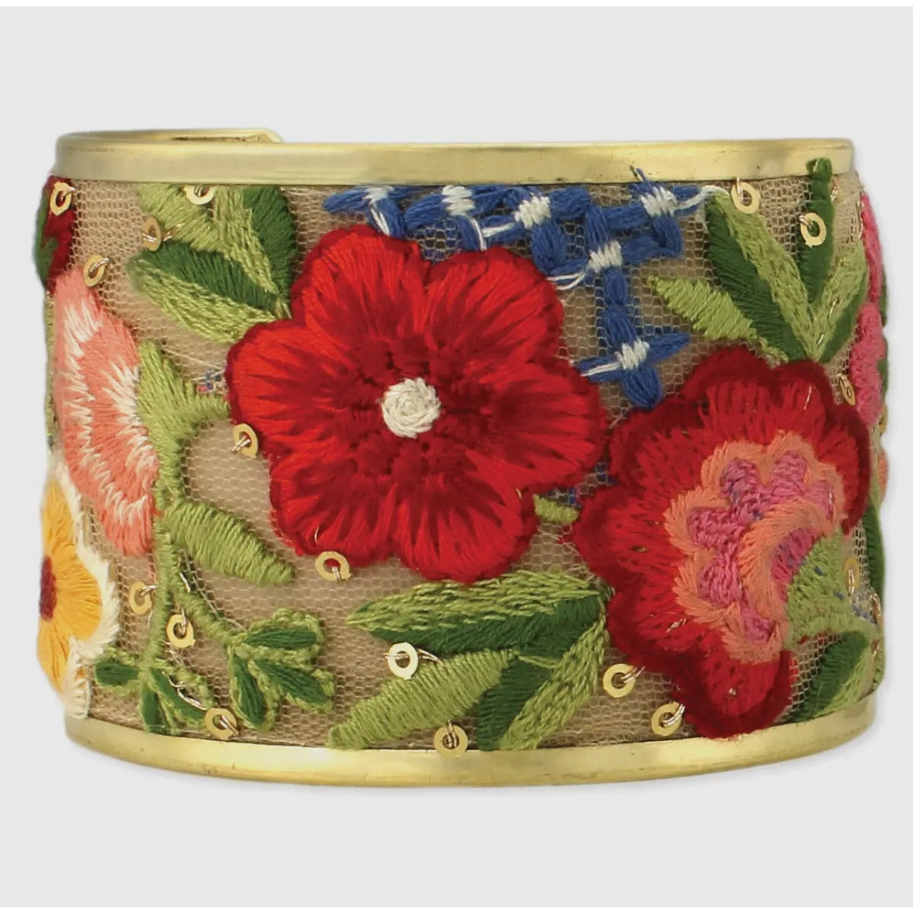 Red Mesh Flower Embroidery Cuff Bracelet