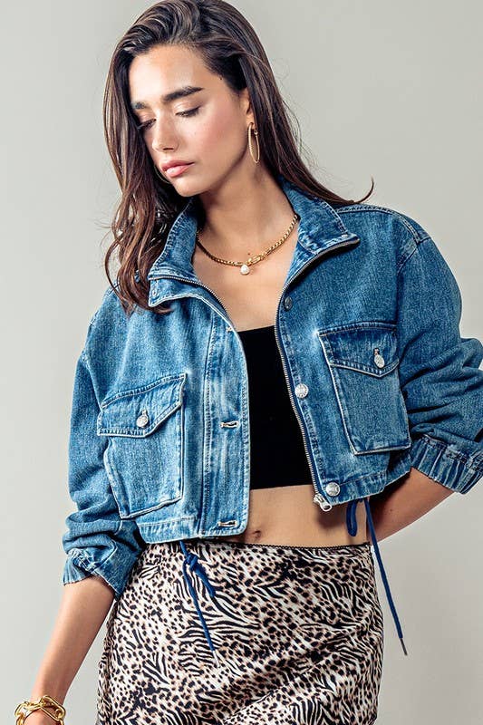Urban Daizy Utility Cropped Drawstring Hem Stand Collar Denim Jacket