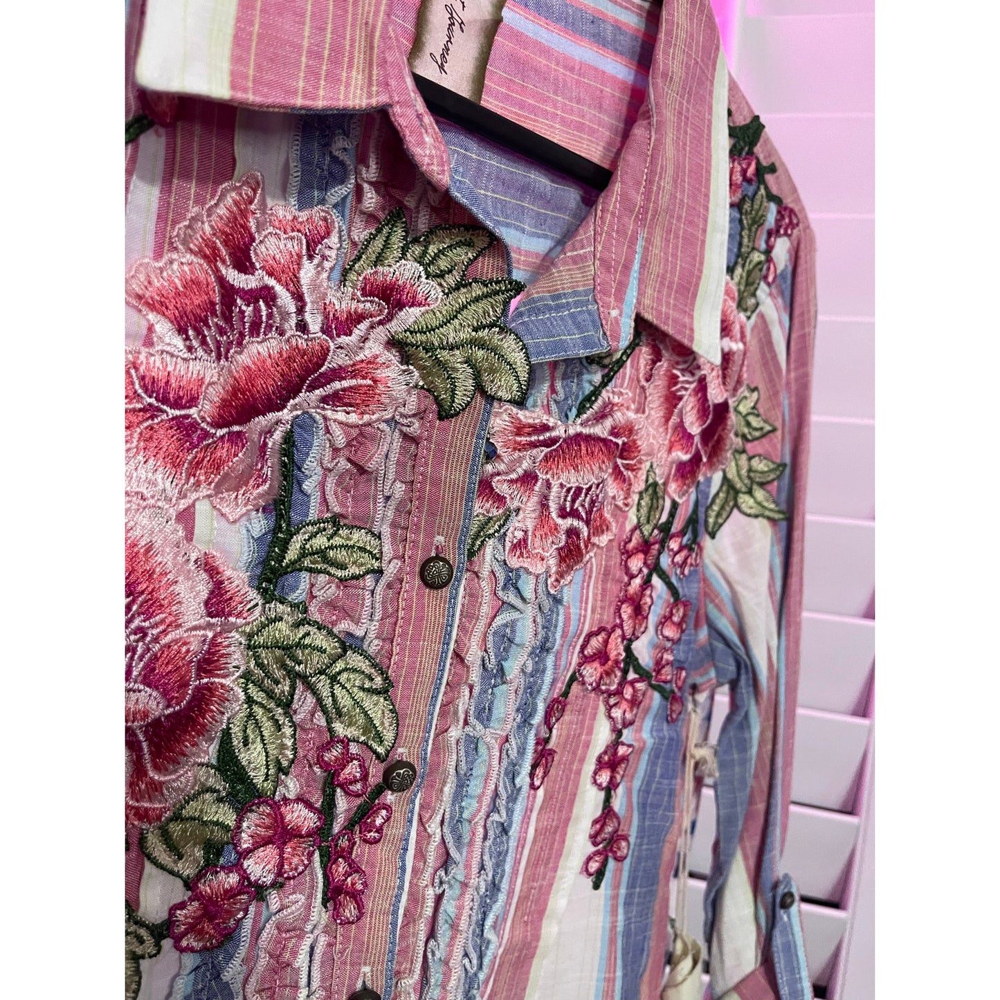 Aratta Floral Embroidered Striped Shirt