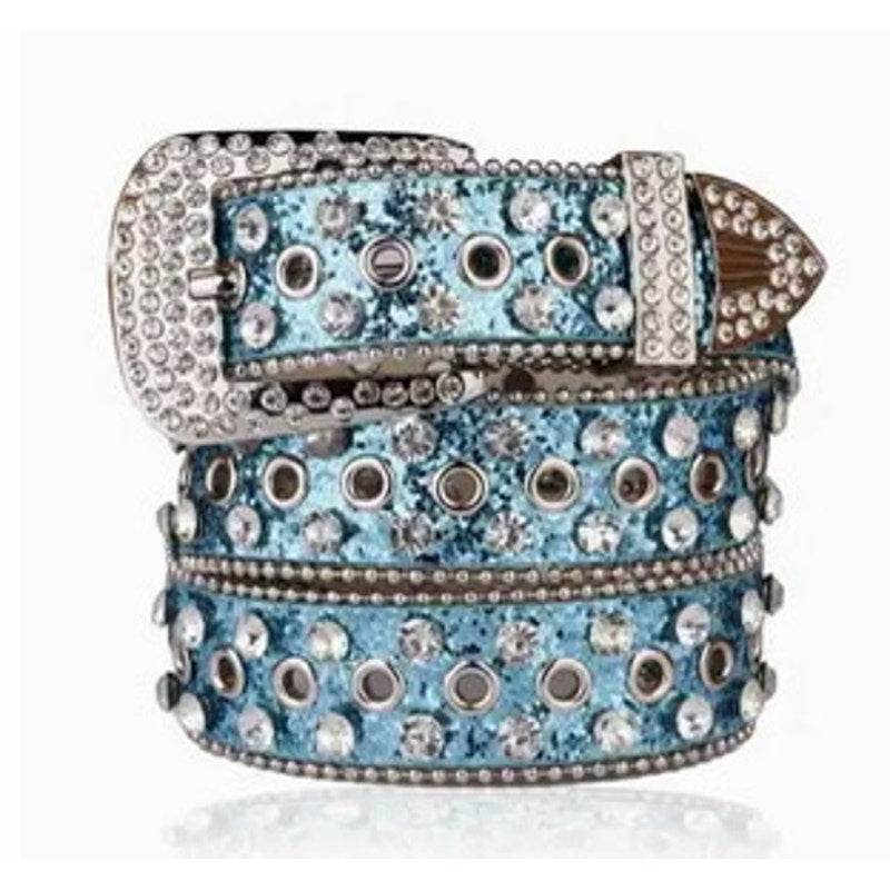 Blue and Silver Studded Rhinestone Glittery Western Belt