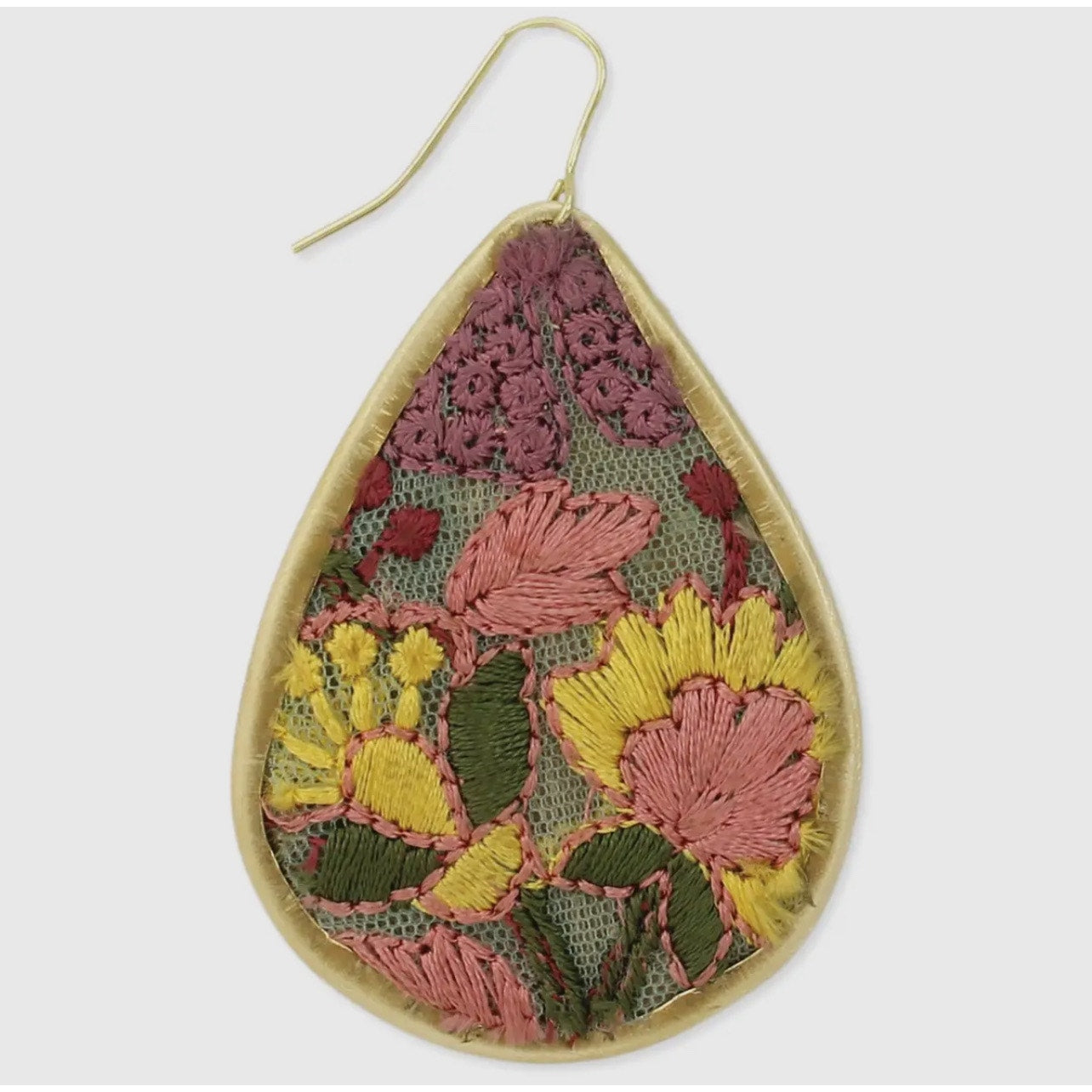 Pink Mesh Flower Embroidered Teardrop Elegance Earrings