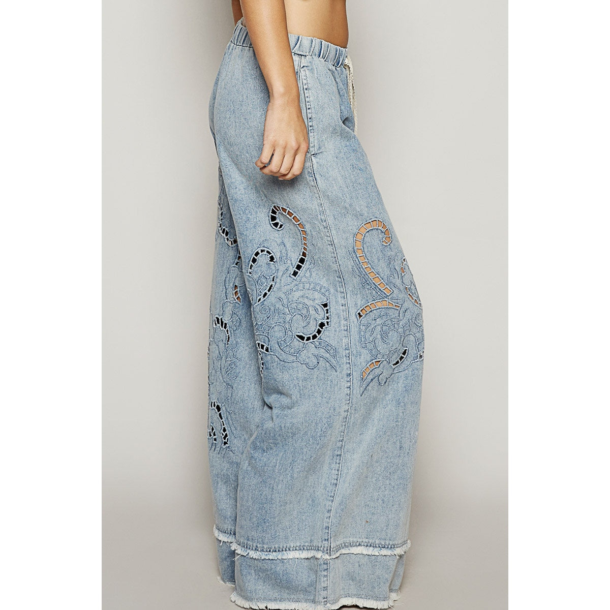 POL Boho Cutout Detail Wide Leg Jeans