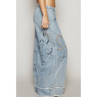 POL Boho Cutout Detail Wide Leg Jeans