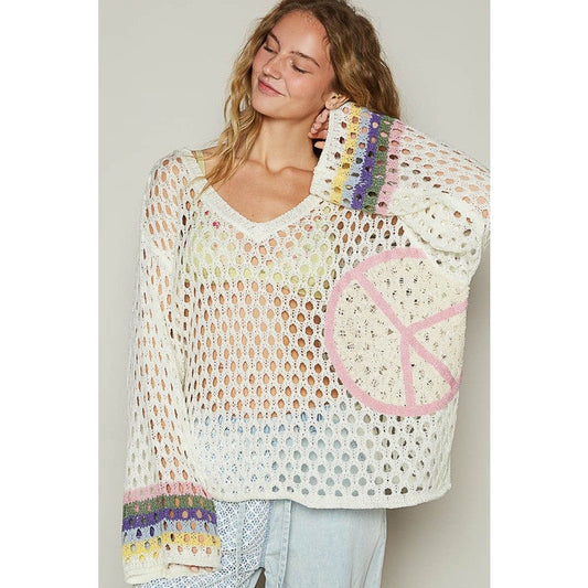 POL Ivory V-Neck Long Sleeve Crochet Peace Thin Sweater Top