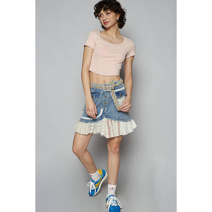 POL Denim Printed Patchwork Button Down Flare Mini Skirt