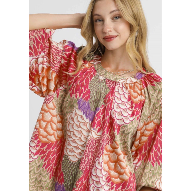 Umgee Boho Feather Print Peasant Blouse