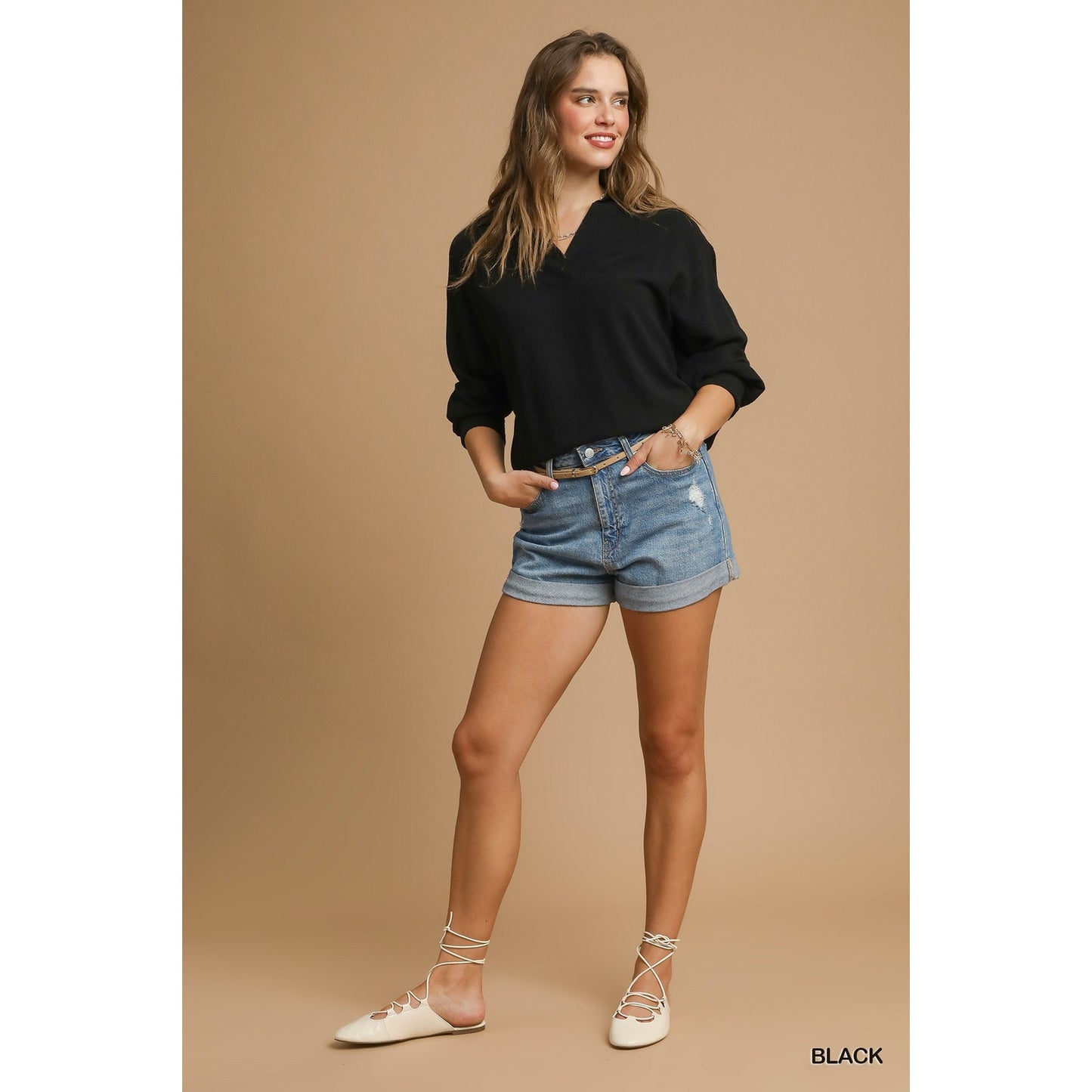 Umgee Black Linen Pullover Blouse